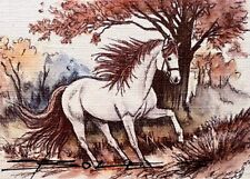 Caneta pintada à mão original e cartão de arte aquarela ACEO cavalo branco com juba vermelha comprar usado  Enviando para Brazil