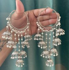 Pendientes de perlas largas indias oxidadas de plata étnica tradicional estilo Bollywood segunda mano  Embacar hacia Mexico