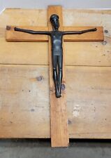 Vintage Dark Wooden Carved Jesus on Rustic Light Cross Wall Hanging Crucifix  for sale  Shipping to South Africa