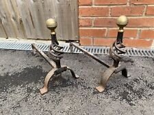 FIRE DOGS VINTAGE A PAIR OF WROUGHT IRON & BRASS ANDIRONS for sale  Shipping to South Africa