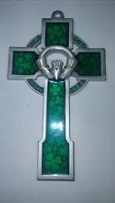 Pewter w/ Green Shamrock Epoxy Claddagh Design Celtic Wall Cross, 5 Inch Jeweled for sale  Shipping to South Africa