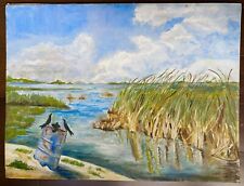 Pintura de cuervos playa hierba estanque arena cañas pájaros cielo cielo agua 24"" de colección segunda mano  Embacar hacia Argentina