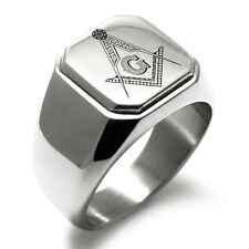 Stainless Steel Masonic Floral Compass Mens Square Biker Style Signet Ring, used for sale  Shipping to South Africa