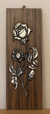 VINTAGE SILVER COLOURED ROSE ON TEAK VENEER WALL PLAQUE for sale  Shipping to South Africa