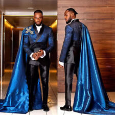 Men's Royal Satin Suits Jacket Pant with long Cape Fashion Formal Party Wear New for sale  Shipping to South Africa
