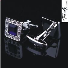 QUALITY MEN'S SILVER BLACK/BLUE CRYSTAL SQUARE CUFFLINKS WEDDING CUFF LINKS   for sale  Shipping to South Africa