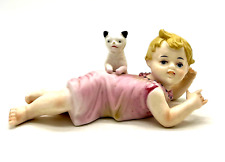 Vintage Piano Baby Figurine Girl With White & Black Cat Porcelain Bisque 7" Long for sale  Shipping to South Africa