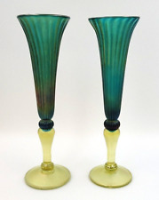 Rick Strini ArtGlass Teal Swirl Iridescent & Yellow Base Champagne Flute Glasses for sale  Shipping to South Africa
