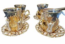 SENA Turkish Gold Tone Embellished Tea Set 4 Cups & Saucers, used for sale  Shipping to South Africa