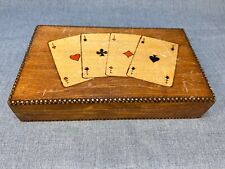 Vintage Double Deck Playing Cards Poker Chips Dice Carved Wooden Box Full for sale  Shipping to South Africa