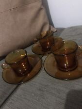 Używany, Mid Century Duralex France Amber Brown Glass 6Pcs Tea/Coffee Cup & Saucer X3 na sprzedaż  Wysyłka do Poland
