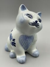 Delfts Blauw Hand Painted Porcelain Cat Piggy Coin Bank #207 Blue Floral & Cute for sale  Shipping to Canada