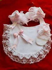  Romany girls bib socks mittens all matching lace and pink/white bow size 0-3mth for sale  DONCASTER