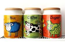 Used, Dunoon Funky Farm Tea, Coffee & Sugar Tall Cannister Storage Jar Set 16.5cm Tall for sale  ALTON