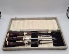 Vintage Eetrite Bakelite Faux Stag Handle Carving 3 Piece Set Stainless Steel  for sale  Shipping to South Africa