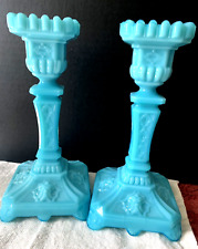Old French Blue Opaline Glass  Portieux Vallerysthal Candlesticks for sale  Shipping to South Africa