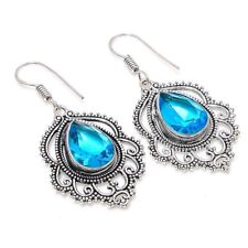 Swiss Blue Topaz Gemstone 925 Sterling Silver Jewelry Earring 1.85 " W132 for sale  Shipping to South Africa