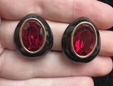 VINTAGE RARE S.A.L. SIGNED SWAROVSKI BLACK ENAMEL RED GOLD TONE CRYSTAL EARRINGS for sale  Shipping to South Africa
