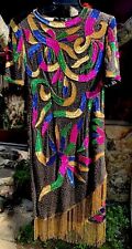 Używany, Vintage Lawrence Kazar lata 80. jedwabna sukienka cekinowe frędzle klapki koraliki mardi gras M na sprzedaż  Wysyłka do Poland