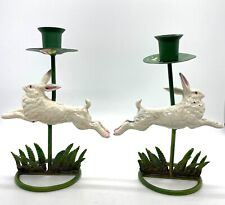VINTAGE CAST IRON / METAL PETITES CHOSES LEAPING RABBIT CANDLE HOLDERS PAIR, used for sale  Shipping to South Africa