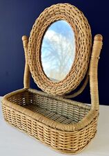 Antigo organizador de cesta de vaidade giratória de madeira de vime natural espelho oval tampo de mesa anos 70, usado comprar usado  Enviando para Brazil