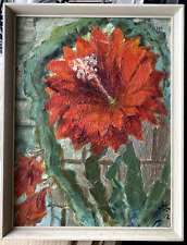 Oil Painting Still Life Cactus Epiphyllum Red Flower Monogram 1972 Plant for sale  Shipping to South Africa