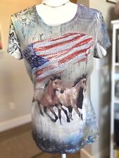 Camiseta elástica Big Bang Clothing para mujer bandera americana caballos talla grande segunda mano  Embacar hacia Argentina