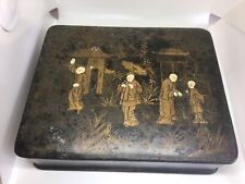 Antique Chinese Lacquered Box With Hinge Lid Trinket Jewellery Box Gold Painted, used for sale  IPSWICH