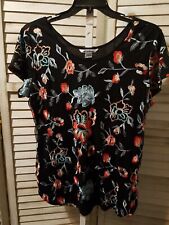 Nygard Womens Blouse Size 1X Black Embroidered Flowers Short Sleeve Pullover  for sale  Shipping to South Africa