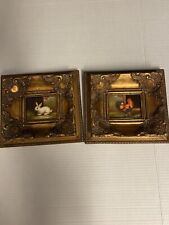 Par de quadros dourados ornamentados vintage em miniatura de pintura a óleo a bordo coelho e galo comprar usado  Enviando para Brazil