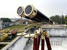 Binóculo antigo de couro bronze telescópio cano duplo com suporte para tripé de madeira comprar usado  Enviando para Brazil