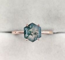 Anillo solitario de ágata musgo corte hexagonal, anillo de compromiso de ágata musgo, delicado anillo, usado segunda mano  Embacar hacia Argentina
