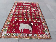 Vintage Traditional Hand Made Oriental Gabbe Wool Red Rug 243x158cm Animal Lion, käytetty myynnissä  Leverans till Finland