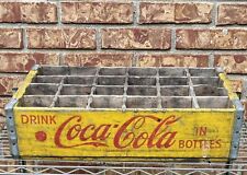 Vntg. Coca-Cola 24 Hole Wooden Yellow Crate Red Letters  one Side Up Side Down for sale  Shipping to South Africa