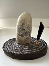 Used, desktop pen holder vintage Whale Tooth Replica etched Whale, Boat Wooden  stand for sale  Shipping to South Africa