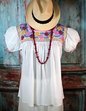 Blusa Campesina M/L Bordada a Mano Flores sobre Algodón Blanco Maya Chiapas México segunda mano  Embacar hacia Mexico