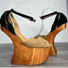 JEFFREY Campbell Str8 Up Platform Wedges Heel Less Size 9 Wood Suede Peep Toe for sale  Shipping to South Africa