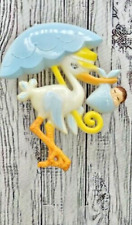 Pastel de baby shower decoración floral plástico cigüeña bebé azul amarillo beige vintage segunda mano  Embacar hacia Argentina