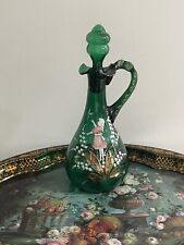 Vintage Hand Painted Floral Emerald Green Art Glass Decanter with stopper 12.5” for sale  Shipping to South Africa