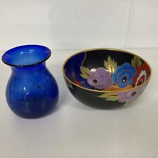 Carlton Ware Blue Gold Black Floral Bowl & Timothy Newbold Glass Vase (L1) W#622 for sale  Shipping to South Africa