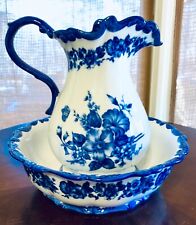 Large Ornate Wash Basin & Pitcher; Beautiful Blue Floral for sale  Shipping to South Africa