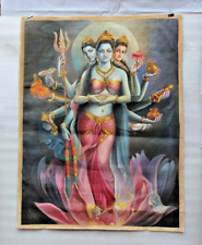 Vintage Lotus & Wealth Goddess LAXMI Canvas Oil Painting Handmade Old Original, used for sale  Shipping to South Africa