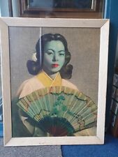 Cecil Beall Tretchikoff Era Japanese Girl with Fan Large Art Print Mid Century  for sale  Shipping to South Africa