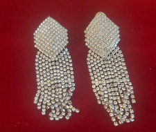 Brincos pendurados femininos antigos de cristal transparente tom de prata com gota de strass 4 polegadas, usado comprar usado  Enviando para Brazil