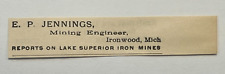 Used, Ironwood Michigan Vintage Print Ad E.P. Jennings Mining Engineer 1894 for sale  Shipping to South Africa