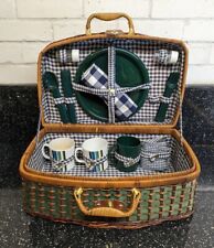 Vintage Green Wicker Woven Rattan Picnic Basket Hamper With Utensils  for sale  Shipping to South Africa