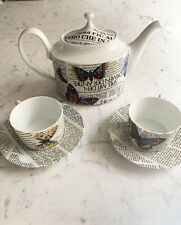 Fornasetti Butterfly Newspaper Tea Set Cup Saucers Teapot Used  for sale  Shipping to South Africa