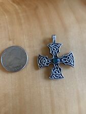 Vtg 925 Sterling Silver Celtic Design Cross Pendant With Emerald Stone, used for sale  Bellingham