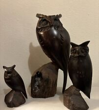Vintage Hand Carved Ironwood Horned Owl Sculpture Carving Solid Wood . Set Of 3 for sale  Shipping to South Africa