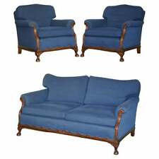 VICTORIAN SOFA & ARMCHAIR SUITE NAPOLEONIC BLUE UPHOLSTERY CLAW & BALL FEET for sale  Shipping to South Africa
